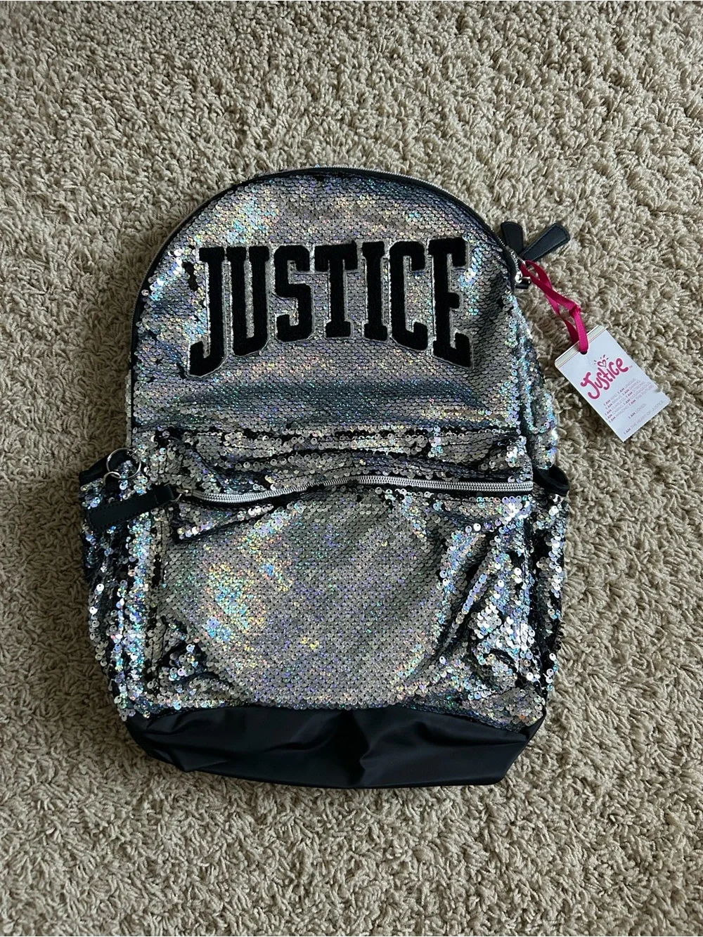 NWT New Justice girls Metallic Sequins silver / black backpack 17” x 13”